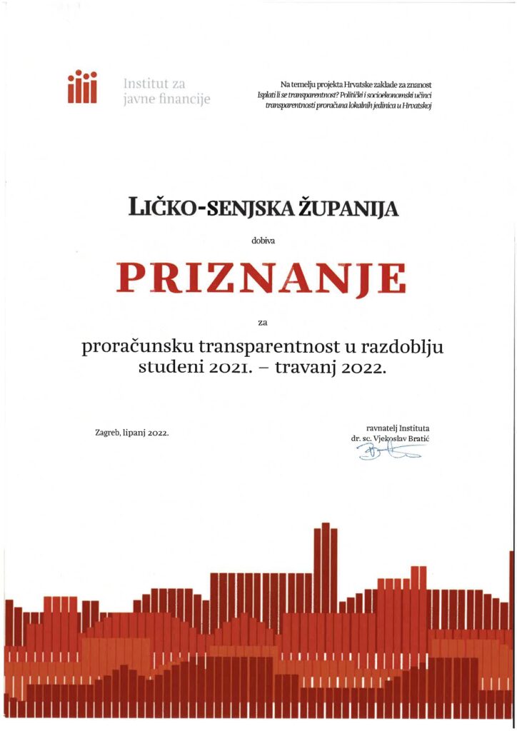 PRIZNANJE ZA TRANSPARENTNOST PRORAČUNA STIGLO U LIČKO-SENJSKU ŽUPANIJU