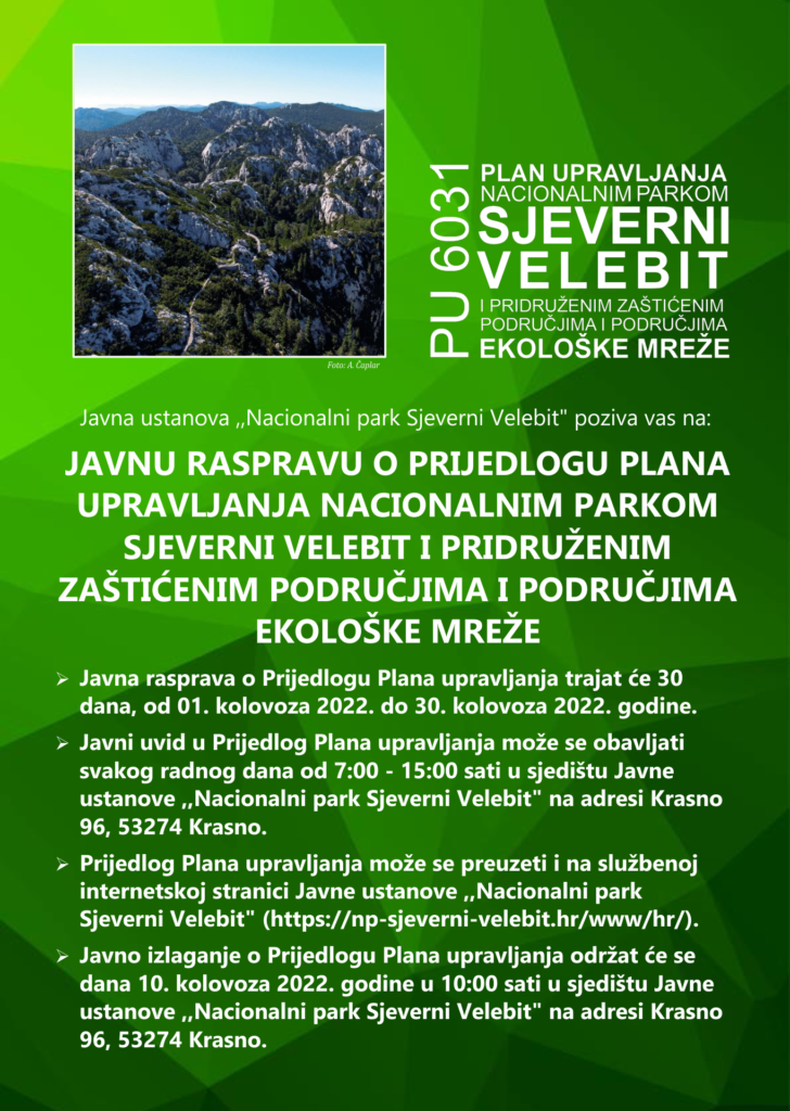 OBAVIJEST O PROVOĐENJU JAVNE RASPRAVE O PRIJEDLOGU PLANA UPRAVLJANJA NACIONALNIM PARKOM SJEVERNI VELEBIT
