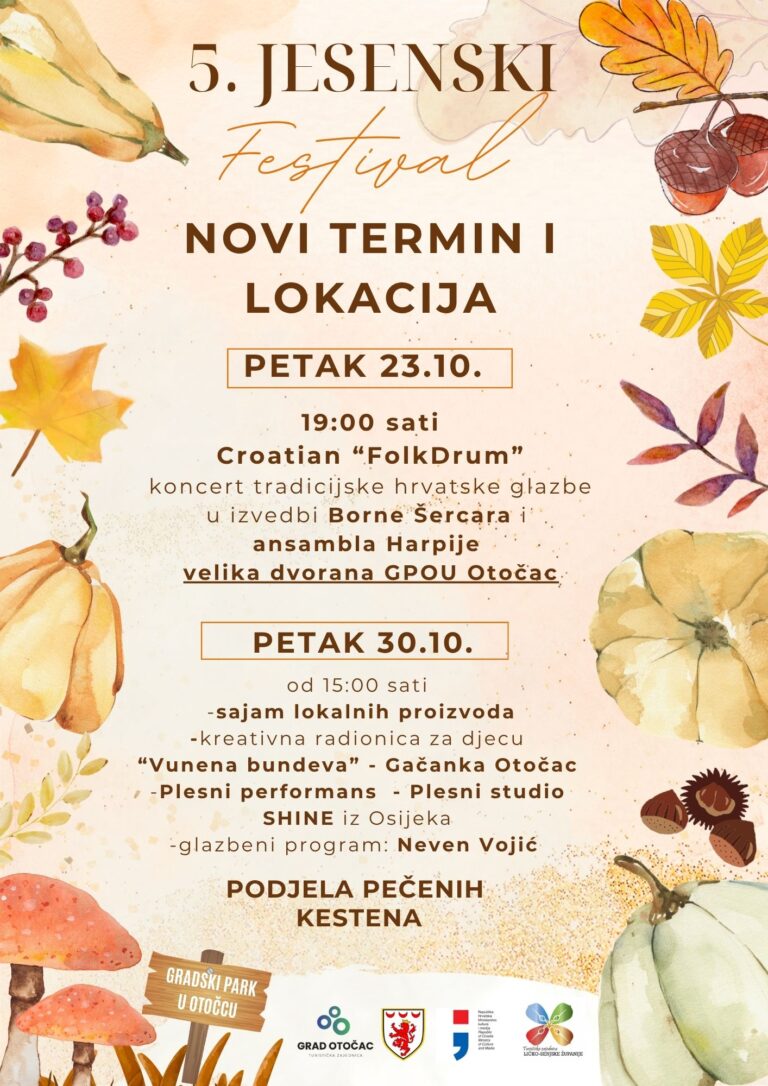 NOVA LOKACIJA I TERMIN DIJELA PROGRAMA U SKLOPU 5. JESENSKOG FESTIVALA